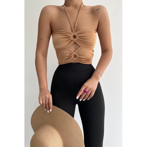 Halka Tokalı Cut Out Top Bluz Camel - 1514.9135.