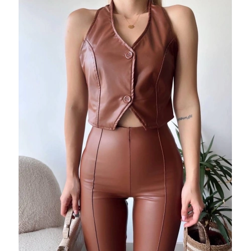 İki düğmeli deri yelek kahve s243001