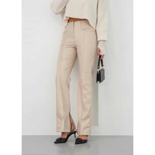 İspanyol yırtmaçlı paça deri pantolon bej hn