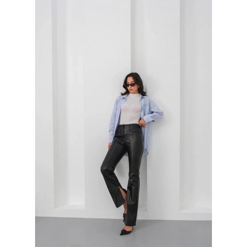 İspanyol yırtmaçlı paça deri pantolon siyah hn