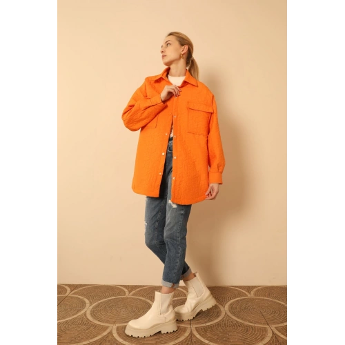 Jakar Kumaş Geometrik Desen Oversize Kadın Gömlek-Oranj