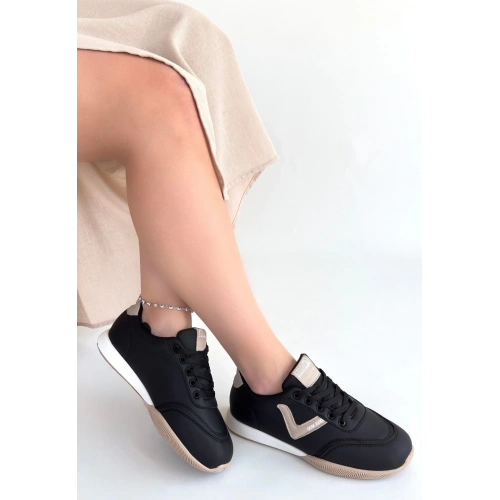 Jowen Siyah Cilt Bej Detaylı Bağcıklı Spor Ayakkabı