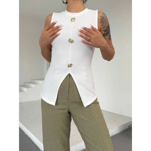 Kadın beyaz bisiklet yaka gold düğmeli ottoman bluz s2310