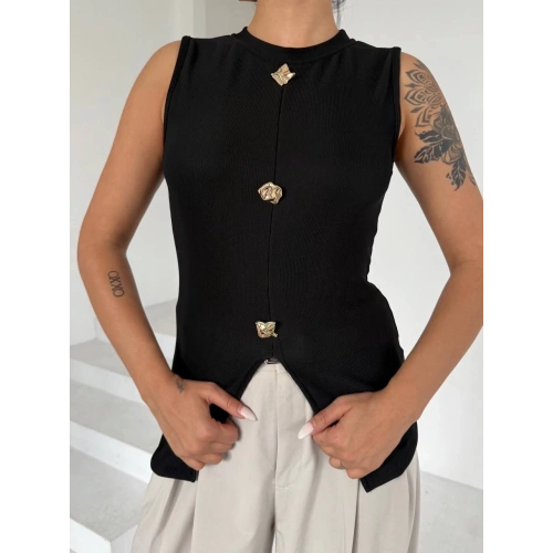 Kadın siyah bisiklet yaka gold düğmeli ottoman bluz s2310