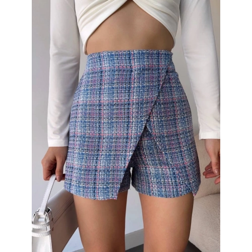 Kapaklı tüvit şort etek mavi