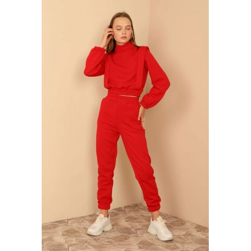 Kapitone Kumaş Boğazlı Yaka Omuz Detaylı Kadın Takım-Kırmızı