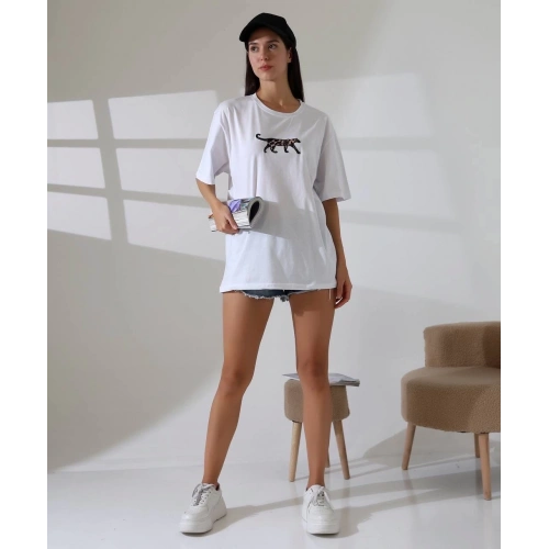 Kaplan nakış işlemeli Oversize tişört