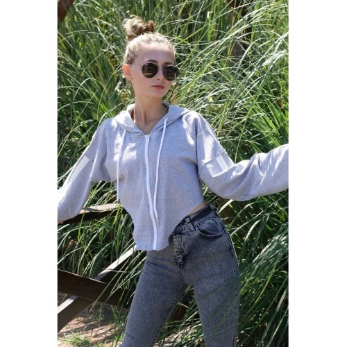 Kapşonlu Yan Dekolteli Sweat Gri - P-019669