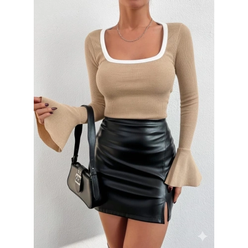 Kare yaka garni detay ispanyol kol bluz bej a3105