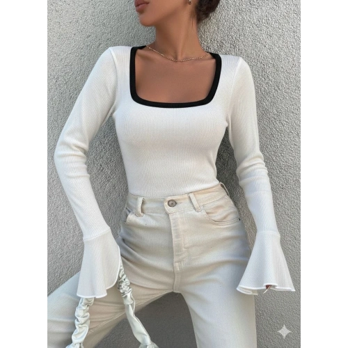 Kare yaka garni detay ispanyol kol bluz beyaz a3105