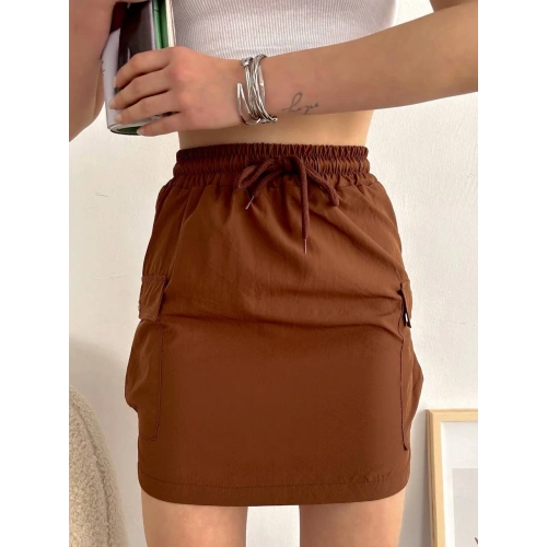 Kargo cep ince paraşüt etek kahve s241019