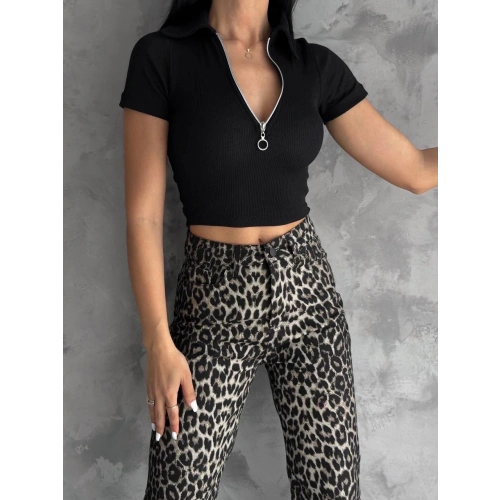 kaşkorse yaka fermuarlı bluz siyah