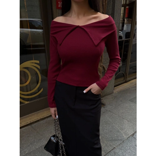 Kelebek yaka uzun kol bluz bordo