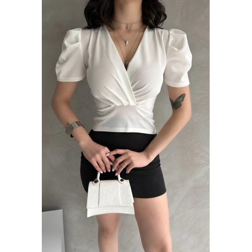 Kruvaze Yaka Karpuz Kol Crep Bluz