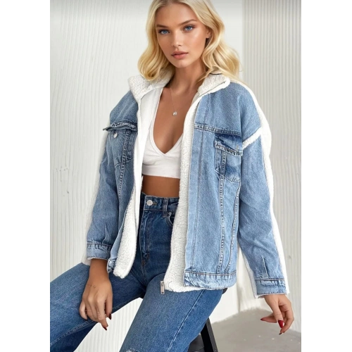 Kürklü kot ceket mavi t7009