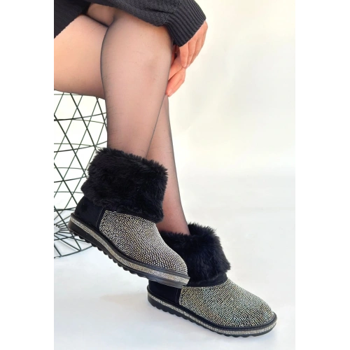 Linka Siyah Süet Gümüş Boncuk İşlemeli Bot