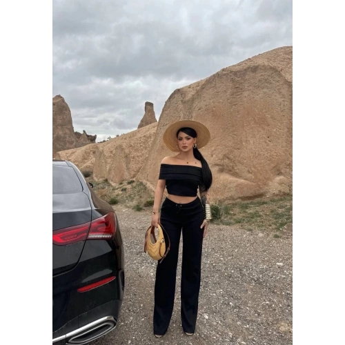 Madonna yaka bol paça pantolonlu takım