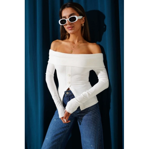 Madonna Yaka Düğmeli Bluz Beyaz t4329