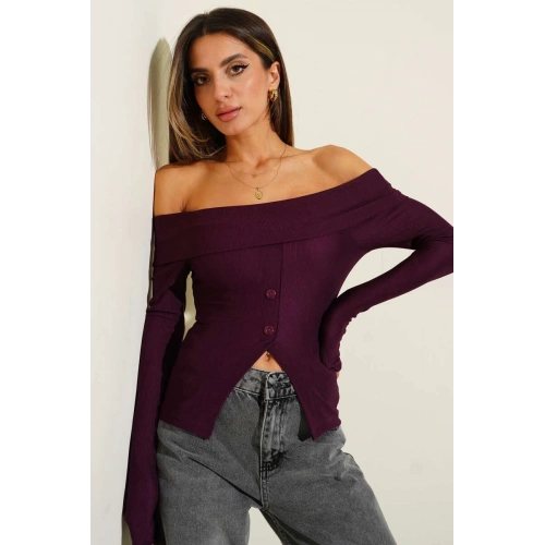 Madonna Yaka Düğmeli Bluz Mürdüm t4329