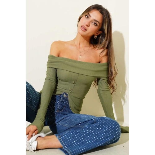 Madonna Yaka Düğmeli Bluz yeşil t4329