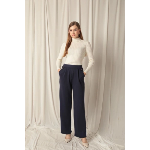 Modal Kumaş Yanları Düğmeli Kadın Lacivert Pantolon