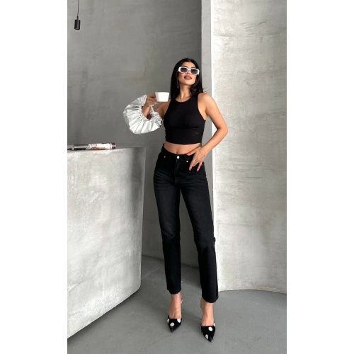 Mom fit enzim bıyıklı taş yıkama jeans pantolon siyah d2006