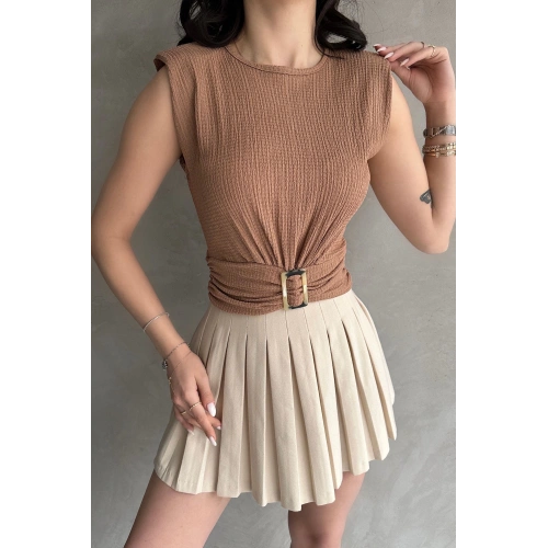 Omuzu Vatkalı Beli Kemerli Bürümcük Bluz