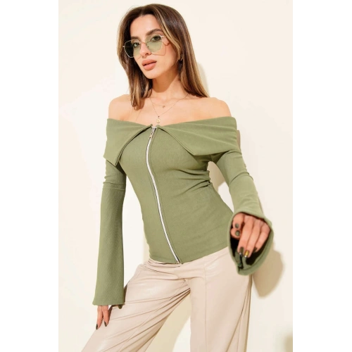 Omzu Açık Fermuarlı Bluz haki T4330