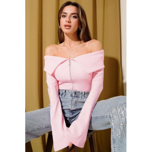 Omzu Açık Fermuarlı Bluz pembe T4330