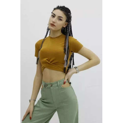 Önü Büzgülü Bisiklet Yaka Tshirt Taba - P-019963