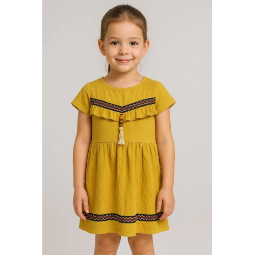 Önü püsküllü boncuk detaylı kız çocuk elbisesi hardal