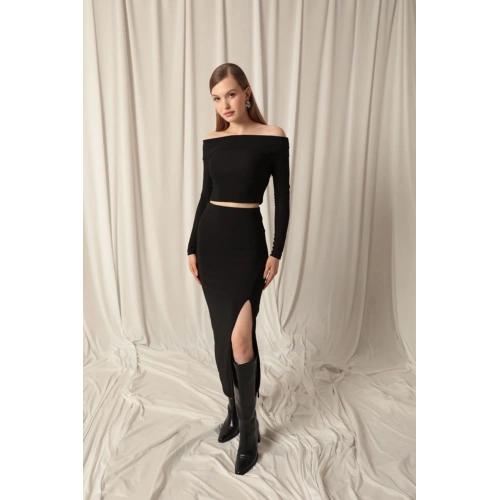 Ottoman Kumaş Yırtmaçlı Kadın Siyah Etek