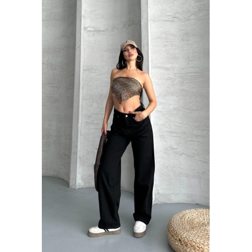 Palazzo straight enzim süper taş yıkama jeans pantolon siyah d2008