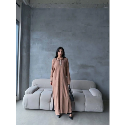 Pantolon yırtmaçlı elbise ikili triko takım vizon elf