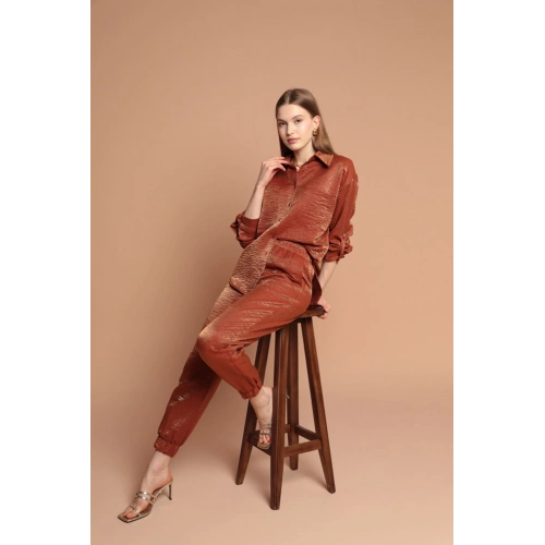 Parlak Kumaş Kadın Takım-Kahve