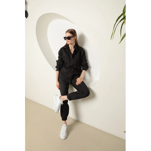 Parlak Kumaş Kadın Takım-Siyah