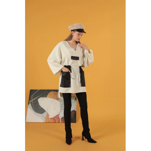 Petek Kumaş Garnili Oversize Kadın Sweat-Ekru