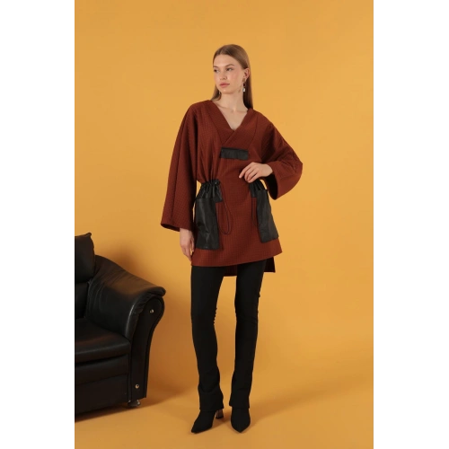 Petek Kumaş Garnili Oversize Kadın Sweat-Kahve