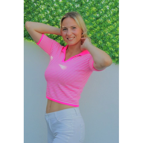 Polo Yaka Çizgili Tişört Fuşya - 140.055