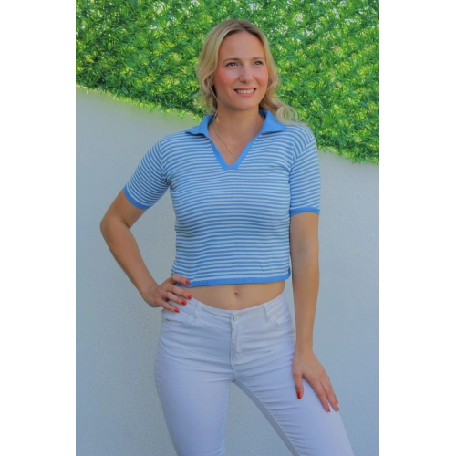 Polo Yaka Çizgili Tişört Mavi - 140.055