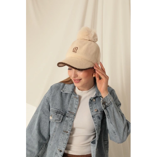 Ponponlu Nakışlı Kadın Bej Kep