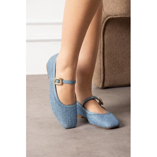 Rives Mavi Cilt Hasır Dokumalı Babet Ayakkabı