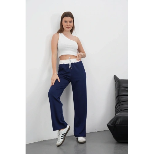 Şeritli garnili pantolon lacivert