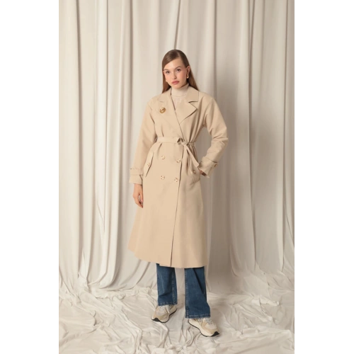 Torino Kumaş Broşlu Maxi Boy Kadın Taş Trençkot