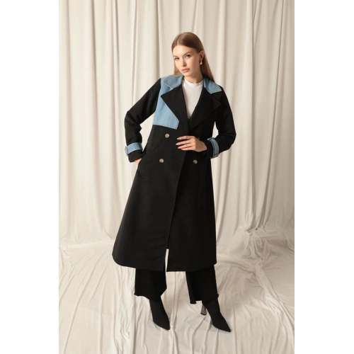 Torino Kumaş Kot Garnili Kadın Siyah Trençkot