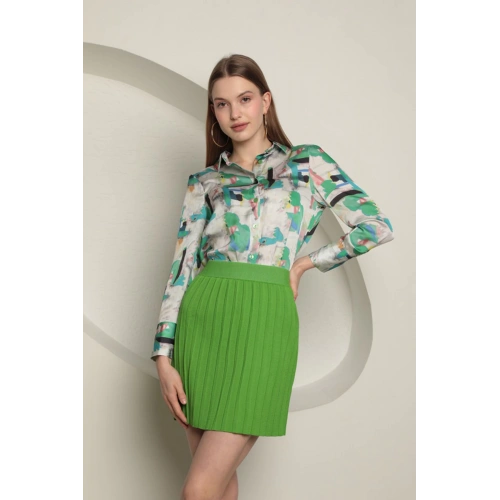 Triko Kadın Pileli Etek-Yeşil