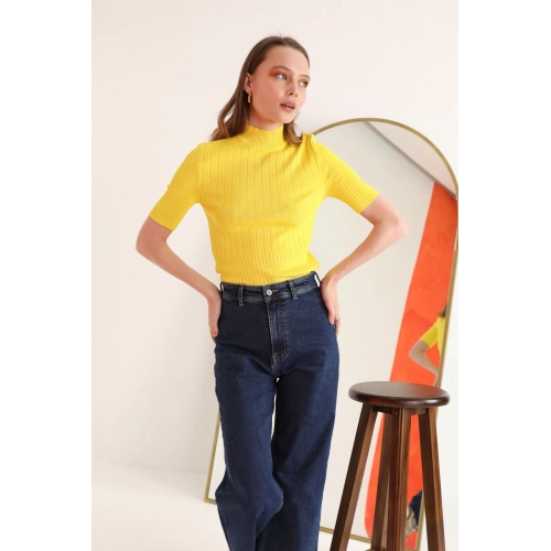 Triko Kumaş Balıkçı Fitilli Kadın  Bluz-Sarı