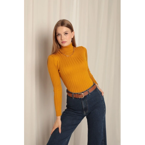 Triko Kumaş Balıkçı Yaka Kadın Hardal Bluz