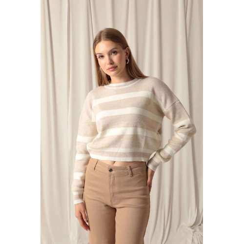 Triko Kumaş Çizgili Kadın Taş Kazak