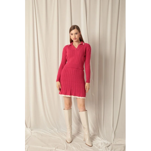 Triko Kumaş Yakalı Saç Örgülü Desen Fuşya Etek Takım